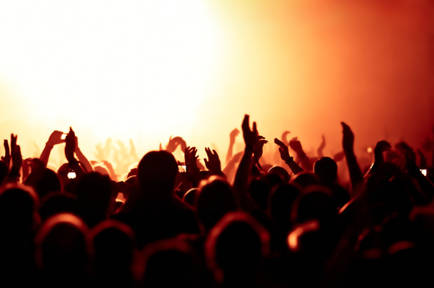 sziluettek koncert tömeg előtt fényes színpadi fények - Fotó, kép