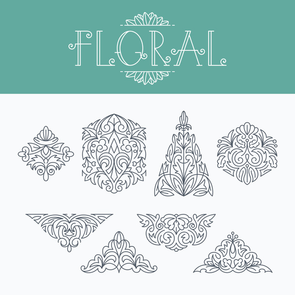 Thin mono line floral decorative design elements - Διάνυσμα, εικόνα