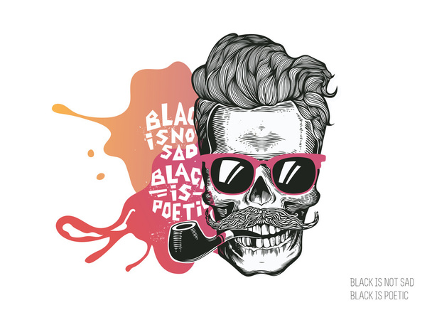 Skull. Hipster silhouette with mustache glasses and tobacco pipe on a colorful splash background. Vector illustration in modern engraving style. Perfect for t-shirt print, posters - Wektor, obraz