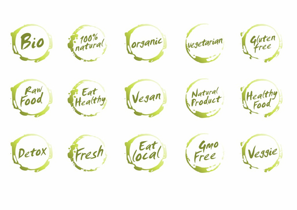 Conjunto de Símbolos de Alimentos Saludables. Vector Bio, Natural, Orgánico, Vegetariano, Sin Gluten, Crudo, Comer, Vegano, Producto, Desintoxicación, Fresco
 - Vector, imagen