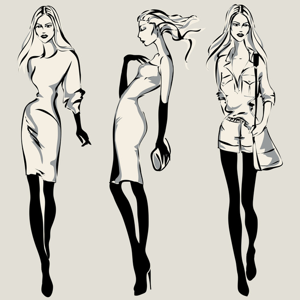 Black and white fashion woman models in sketch style - Vector, Image