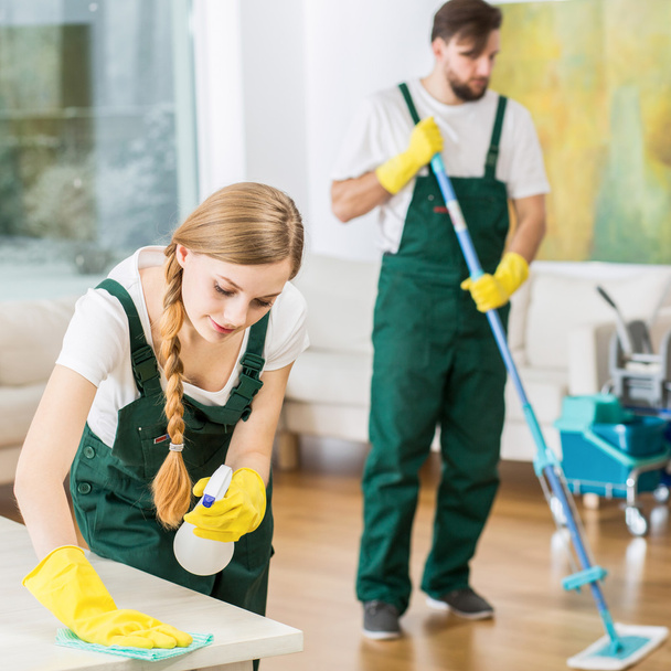 Young cleaners work at modern house - Фото, изображение