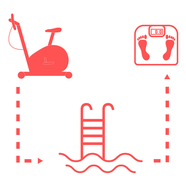 Nice picture of the sport lifestyle: exercise bike, swimming pool and scales on a white background - Vector, afbeelding