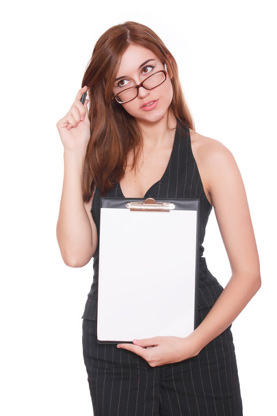  kobieta biznesu w okularach z czarnym folderze - Zdjęcie, obraz
