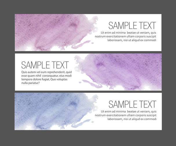 Set of watercolor banners with blot, drop, isolated on grey background. Headline design, sample text. Hand drawn. Pink, violet and blue colors. watercolor on wet - Photo, image
