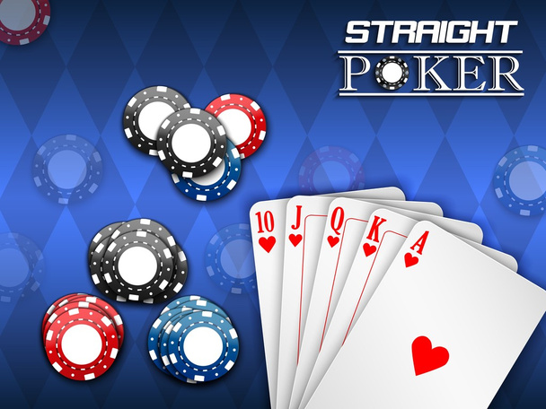 Royal Flush und Pokerchips auf blauem Hintergrund - Vektor, Bild