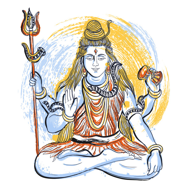 Dio indiano Shiva con spruzzi astratti in stile acquerello. Concetto di design per t-shirt, stampa, poster, card. Illustrazione vettoriale disegnata a mano vintage
 - Vettoriali, immagini