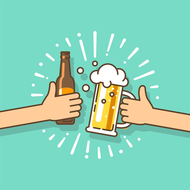 Festival de la cerveza. Dos manos sosteniendo la botella de cerveza y el vaso de cerveza. Ilustración vectorial en estilo plano
. - Vector, imagen