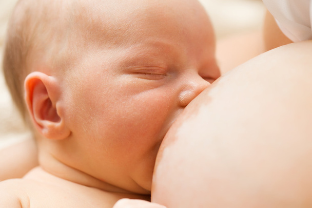 Neugeborenes ernährt sich von den Brüsten der Mutter - Foto, Bild