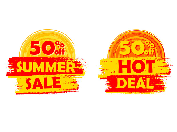 50 percentages off summer sale and hot deal with sun signs, draw - Vector, Image