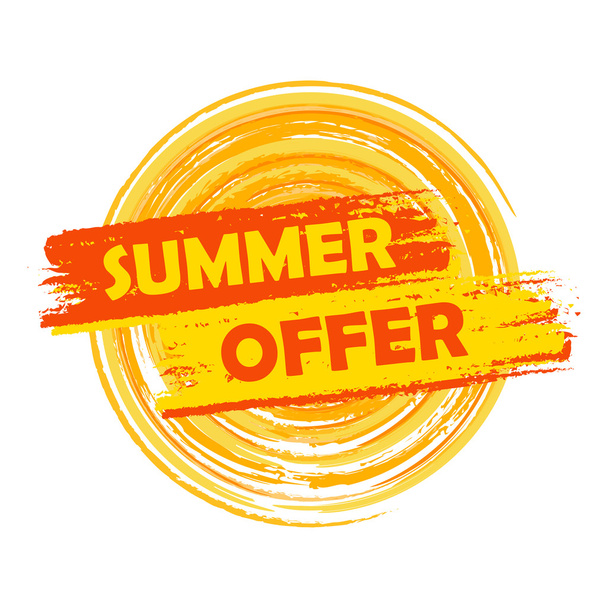 summer offer with sun sign, yellow and orange drawn label, vecto - Vector, Image