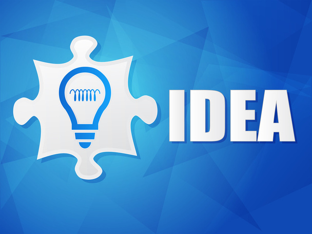 Ideen- und Puzzleteil mit Glühbirnenschild, flaches Design, Vektor - Vektor, Bild