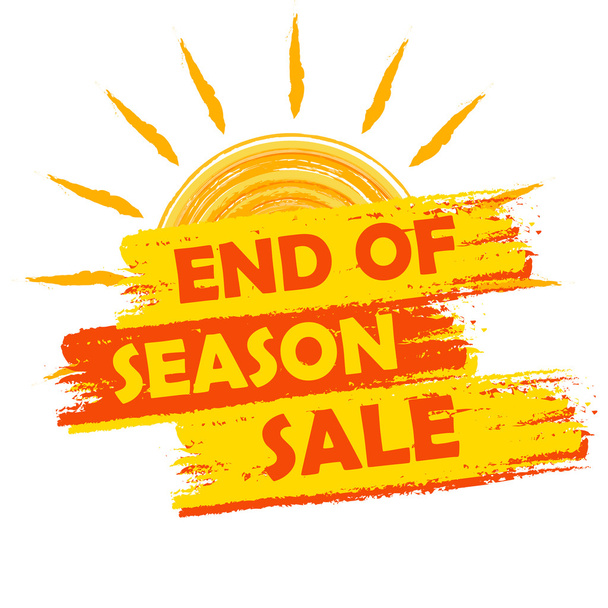 end of season sale with summer sun sign, yellow and orange drawn - Vector, Image