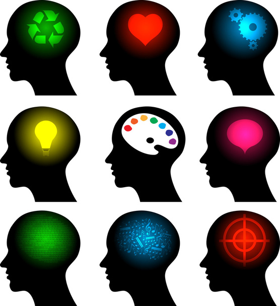 Satz von Kopf-Symbolen mit Ideensymbolen - Vektor, Bild