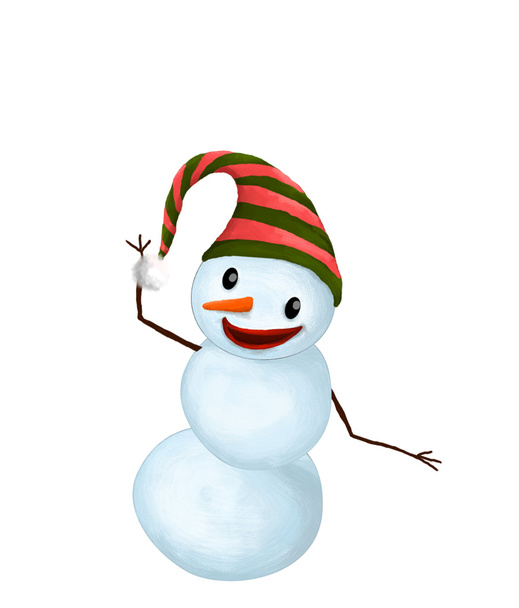 Isolado engraçado sorrindo boneco de neve com chapéu e cenoura Nariz dançando
  - Foto, Imagem