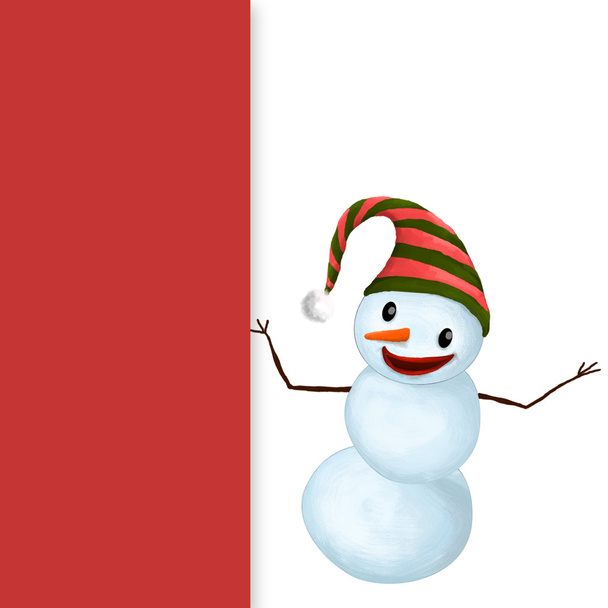 Muñeco de nieve sonriente divertido aislado con sombrero y nariz de zanahoria que muestra un espacio de copia
 - Foto, Imagen