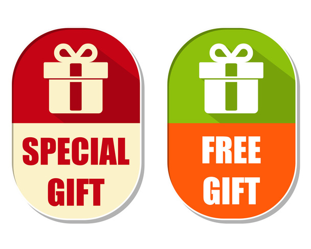 besonderes und kostenloses Geschenk mit Geschenk-Box-Zeichen, zwei elliptische Labe - Vektor, Bild