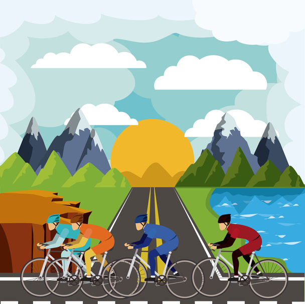 course cycliste avec beau paysage fond isolé icône d
 - Vecteur, image