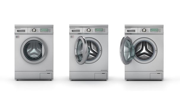 Set of three modern washing machines in metallic color. Closed,  - Φωτογραφία, εικόνα
