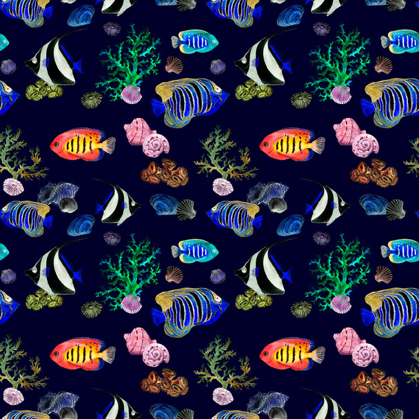 Exotic fishes, sea corals. Neon lighting seamless background. Watercolor - Fotoğraf, Görsel