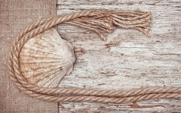 Grunge background with seashell, rope on sackcloth  - Foto, Imagen