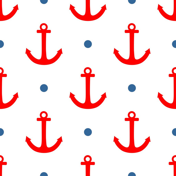 Tile sailor vector pattern with blue polka dots and red anchor on white background - Vector, Image