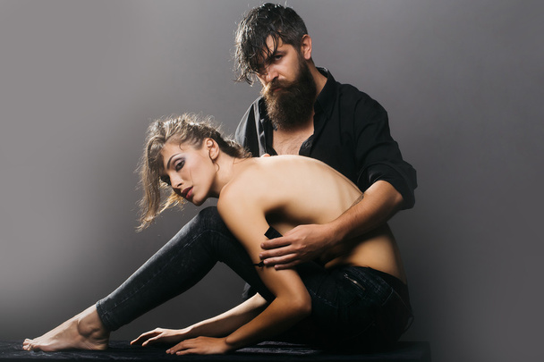 sexy couple of woman and bearded man - Foto, afbeelding