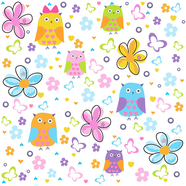 Colorful flowers vector pattern wit owls, butterflies and colorful flowers. Floral pattern illustration - Вектор,изображение