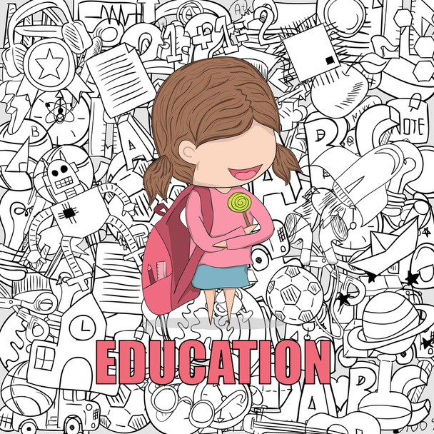 Schoolgirl pupils back to school background, drawing by hand vec - Vector, afbeelding