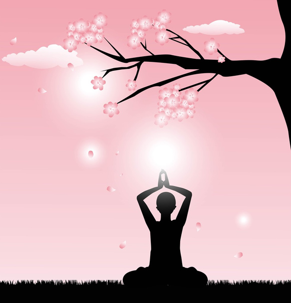 silhouette practicing yoga, meditating in Lotus Pose - Vector, Image