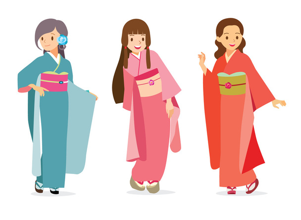 Illustration vectorielle de dessin animé filles mignonnes en costume traditionnel japonais Kimono
. - Vecteur, image