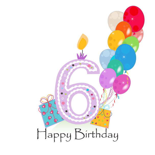 Boldog hatodik születésnapi gyertya vektor léggömbök és színes konfetti - Vektor, kép