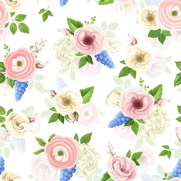 Seamless pattern with pink, blue and white flowers. Vector illustration. - Διάνυσμα, εικόνα