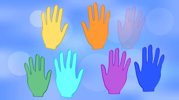 Zwaaiende handen in de kleuren van de regenboog op de achtergrond van een blauwe bokeh. Witte hartjes op palmen. Animatie met een thema vrede.  - Video