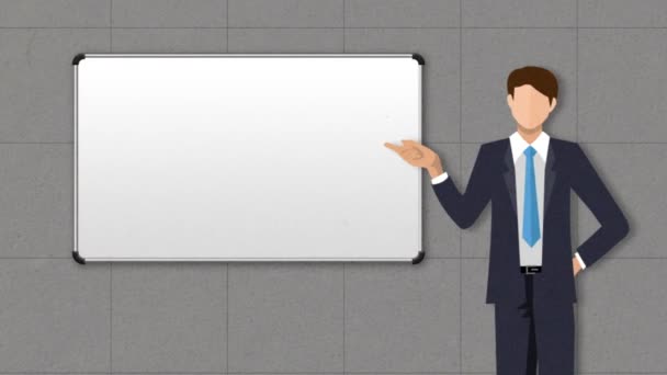 Biznesmen charakter przedstawiający prezentację, gest wskazując. przednia tablica w sali konferencyjnej. ilustracja. - Materiał filmowy, wideo