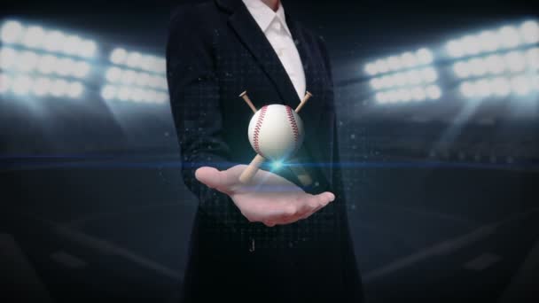 Ženská otevřená dlaň, baseball, pálka, míč. pole. - Záběry, video