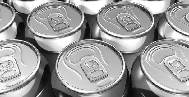 Close up aligned soda cans - 写真・画像