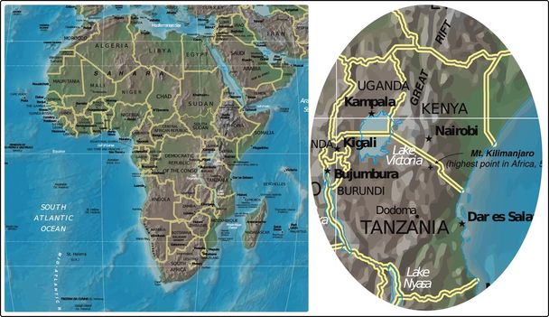 kenia tansania uganda burundi und afrika karte - Vektor, Bild