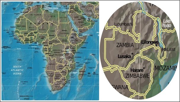 Sambia Simbabwe Malawi und Afrika Karten - Vektor, Bild