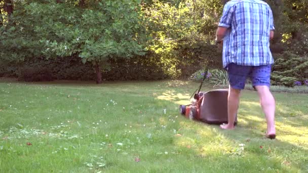 Hombre trabajando en jardín cortando hierba con cortacésped. 4K
 - Imágenes, Vídeo