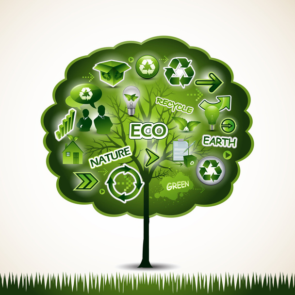 Albero verde con molte icone ecologiche
 - Vettoriali, immagini