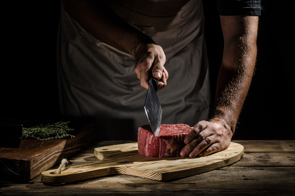 Chef butcher prepare beef steak - Photo, Image