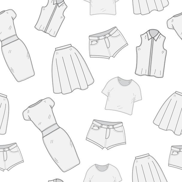 Women's Clothing  seamless pattern sketch. Clothes, hand-drawing, doodle style. Clothing, background. Women's clothes vector illustration. - Vector, imagen