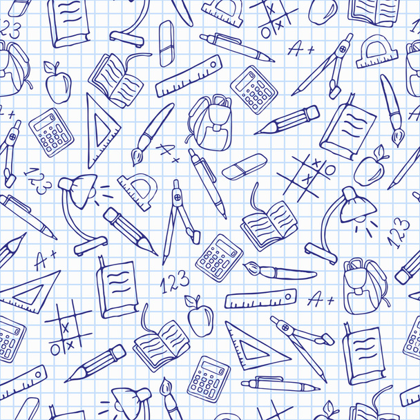 Seamless pattern on the theme of the school, a simple hand-drawn contour icons on the notebook sheet in a cage - Vector, Image