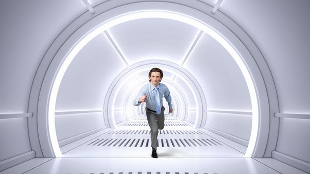 Man run in virtual room  . Mixed media - Foto, imagen