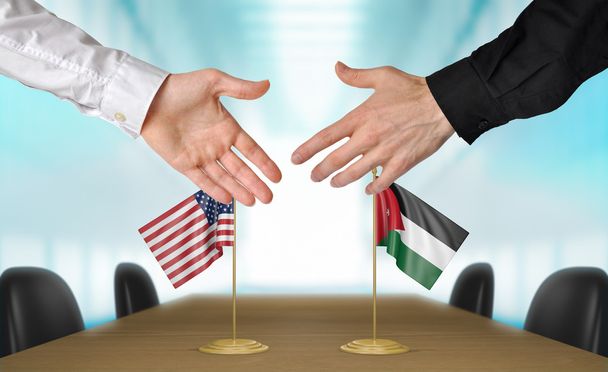 Stany Zjednoczone i Jordan dyplomatów drżenie rąk do uzgodnienia deal, część renderowania 3d - Zdjęcie, obraz