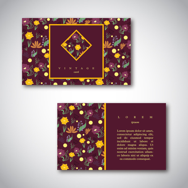 Set of business cards with floral pattern. Vintage card templates. Bright colors spring flowers on dark background. Vector illustration.  - Vetor, Imagem