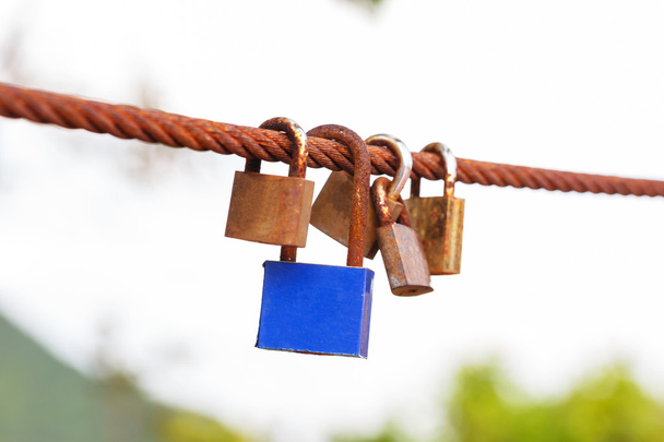 Rusty padlocks hang on sling - Фото, изображение