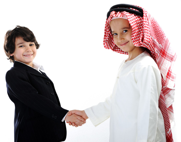 Middle eastern and european children businessmen teamwork - Photo, Image