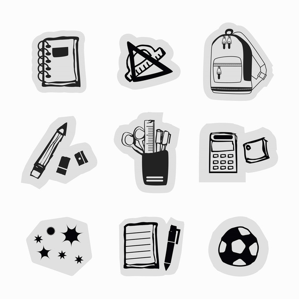 Inky mão preta desenhado material escolar e ícones de adesivos de papelaria definido no fundo branco
 - Vetor, Imagem